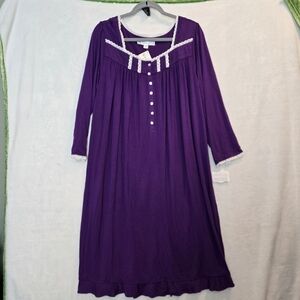 Nwt $74 EILEEN WEST Purple w/White Lace So Soft! Long Sleeves Grannycore